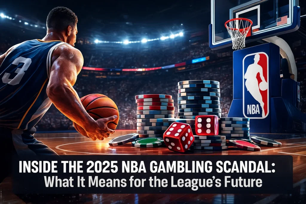 Illustration of the 2025 NBA gambling scandal featuring a basketball player, poker chips, dice, and arena background, representing the controversy and its impact on the league’s future