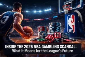 Illustration of the 2025 NBA gambling scandal featuring a basketball player, poker chips, dice, and arena background, representing the controversy and its impact on the league’s future