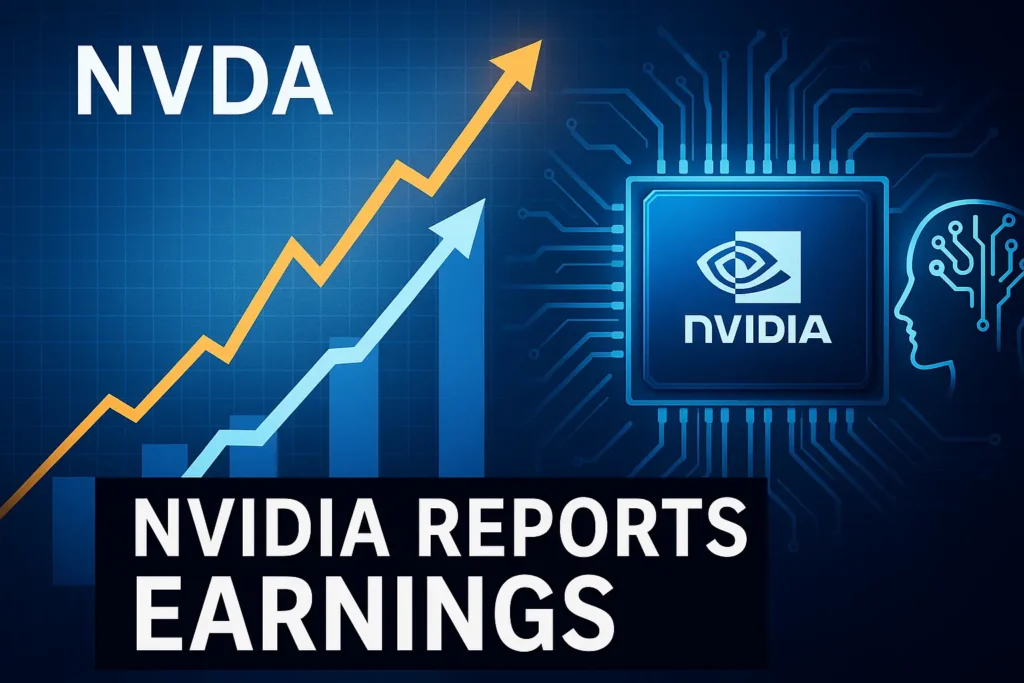 NVIDIA earnings graphic showing NVDA stock chart rising alongside an AI chip illustration, highlighting strong quarterly results and growing AI GPU demand.