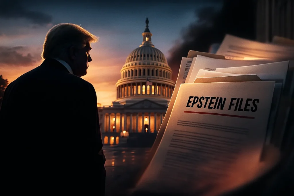 Illustration of Donald Trump facing the U.S. Capitol as the Epstein files appear in the foreground during a political transparency debate.