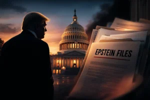 Illustration of Donald Trump facing the U.S. Capitol as the Epstein files appear in the foreground during a political transparency debate.